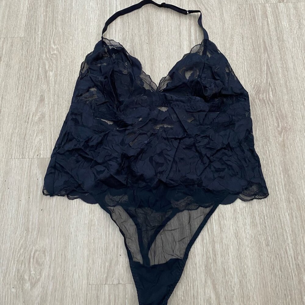 NWT Adore Me Esme Unlined Thong Bodysuit Lingerie Halter Lace Black Size 2X